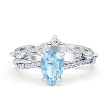 Teardrop Pear Twisted Infinity Style Bridal Two Piece Engagement Ring Simulated Aquamarine 925 Sterling Silver Wholesale